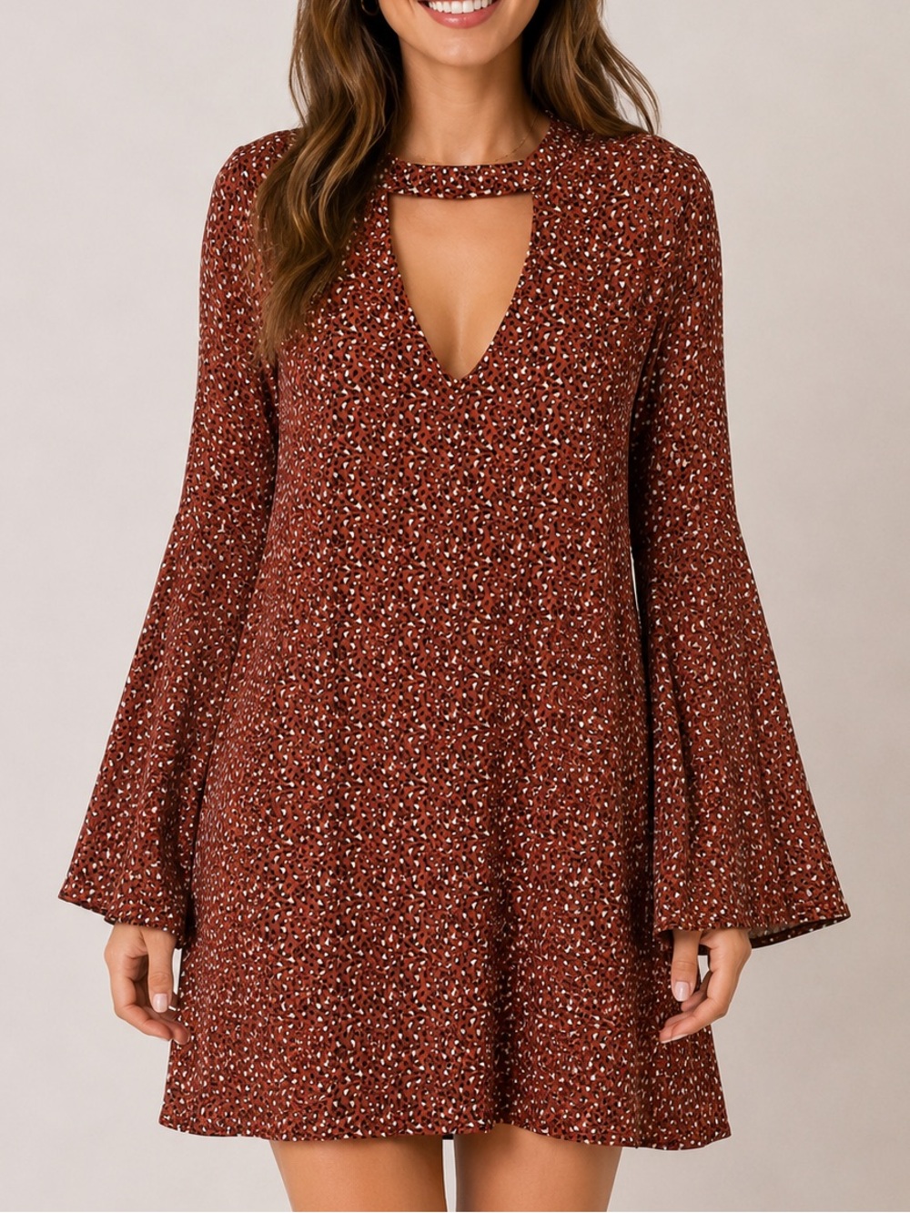 Bobeau Rust Keyhole Shift Dress Size Small Leopard Print Rust Bell Sleeve